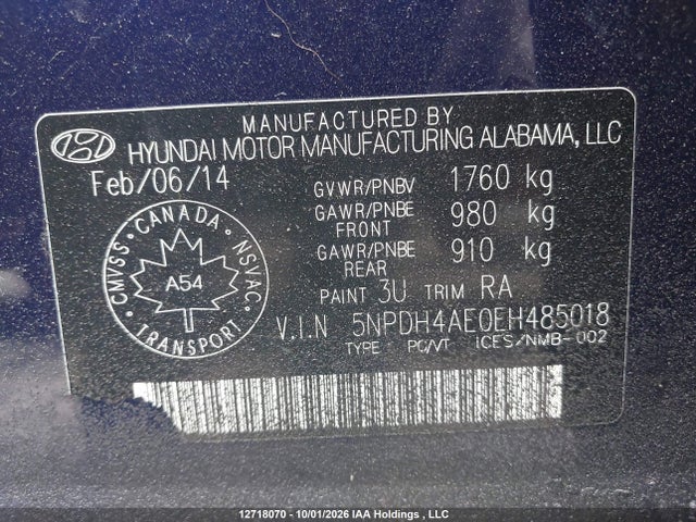 Aukcja sprzedaży 2014 Hyundai Elantra Gl, vin: 5NPDH4AE0EH485018, numer aukcji: 12718070