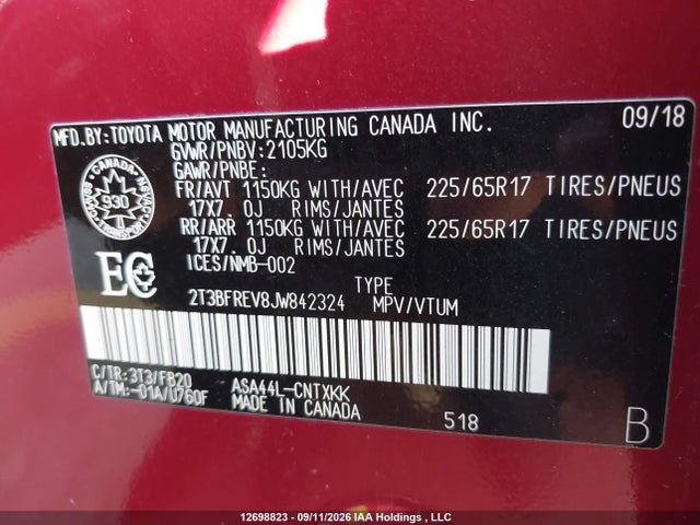 12698823 :رقم المزاد ، 2T3BFREV8JW842324 vin ، 2018 Toyota Rav4 Le مزاد بيع
