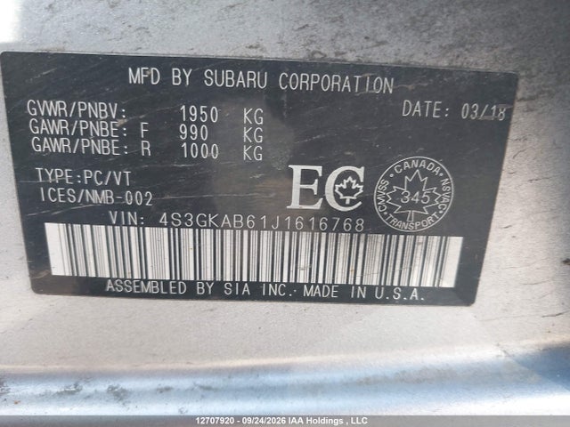 Aukcja sprzedaży 2018 Subaru Impreza Touring, vin: 4S3GKAB61J1616768, numer aukcji: 12707920