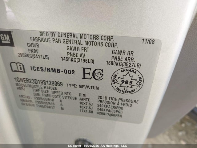 Продажа на аукционе авто 2009 Chevrolet Traverse Lt, vin: 1GNER23D19S129069, номер лота: 12718079