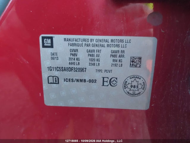 12718085 :رقم المزاد ، 1G11C5SA8DF320967 vin ، 2013 Chevrolet Malibu 1lt مزاد بيع