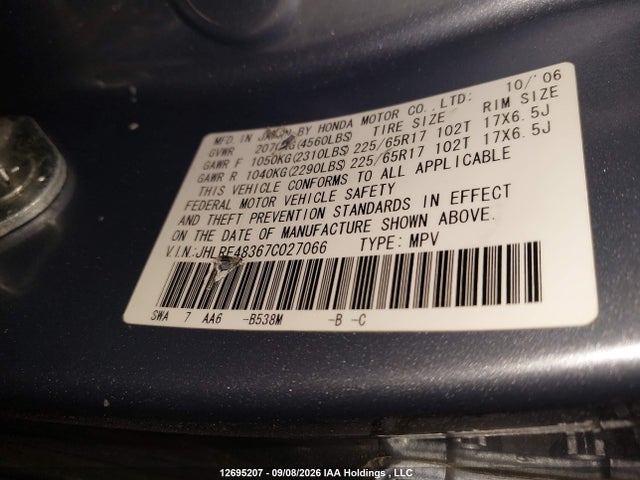Aukcja sprzedaży 2007 Honda Cr-v Lx, vin: JHLRE48367C027066, numer aukcji: 12695207