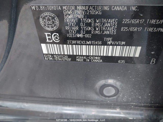 2018 Toyota Rav4 Adventure/xle მანქანა იყიდება აუქციონზე, vin: 2T3RFREV2JW815456, აუქციონის ნომერი: 12718100