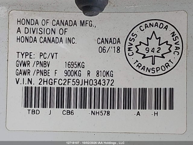 2HGFC2F59JH034372 Honda Civic Lx