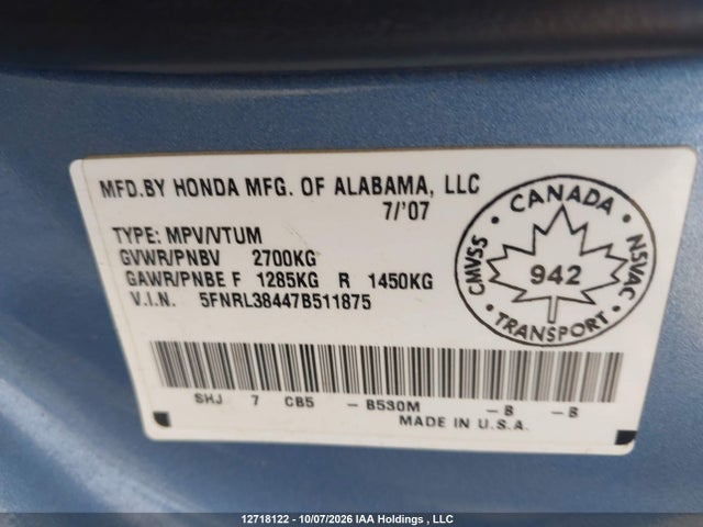 Продаж на аукціоні авто 2007 Honda Odyssey Ex, vin: 5FNRL38447B511875, номер лоту: 12718122