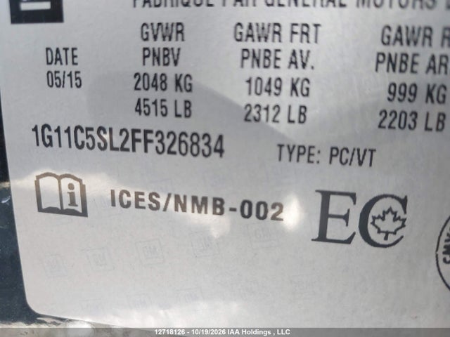 Продаж на аукціоні авто 2015 Chevrolet Malibu 1lt, vin: 1G11C5SL2FF326834, номер лоту: 12718126