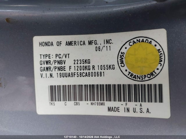 12718140 :رقم المزاد ، 19UUA9F58CA800681 vin ، 2012 Acura Tl مزاد بيع