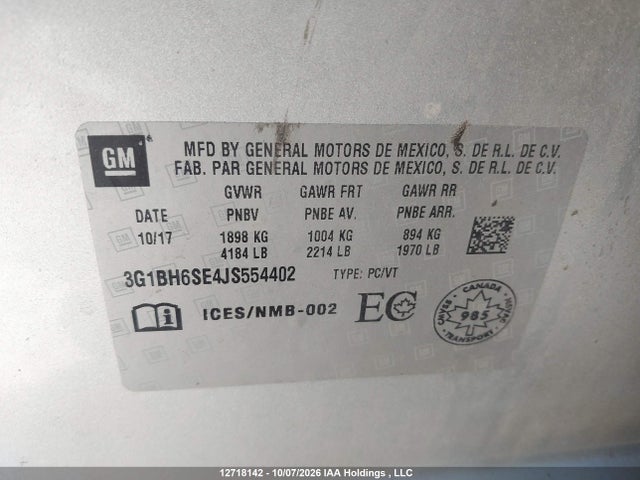 12718142 :رقم المزاد ، 3G1BH6SE4JS554402 vin ، 2018 Chevrolet Cruze Lt مزاد بيع