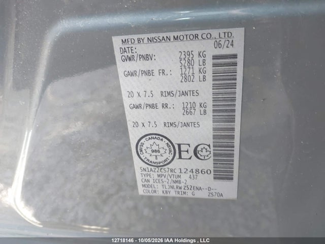 2024 Nissan Murano Sl მანქანა იყიდება აუქციონზე, vin: 5N1AZ2CS7RC124860, აუქციონის ნომერი: 12718146