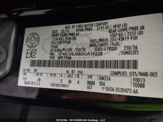 2013 Ford Escape მანქანა იყიდება აუქციონზე, vin: 1FMCU9J98DUA15228, აუქციონის ნომერი: 12718154