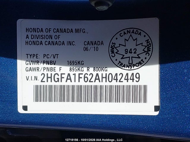 Продажа на аукционе авто 2010 Honda Civic Sport, vin: 2HGFA1F62AH042449, номер лота: 12718156