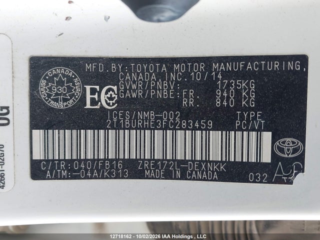 Продажа на аукционе авто 2015 Toyota Corolla L/le/le Pls/prm/s/s Pls, vin: 2T1BURHE3FC283459, номер лота: 12718162