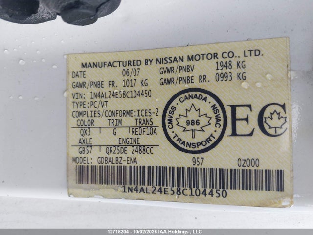 2008 Nissan Altima მანქანა იყიდება აუქციონზე, vin: 1N4AL24E58C104450, აუქციონის ნომერი: 12718204