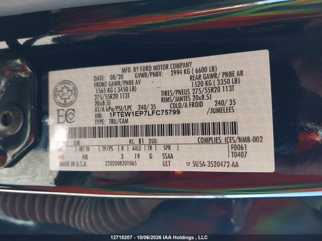 12718207 :رقم المزاد ، 1FTEW1EP7LFC75799 vin ، 2020 Ford F-150 Lariat مزاد بيع