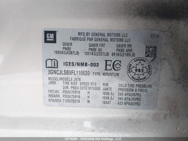 Продаж на аукціоні авто 2015 Chevrolet Trax 2lt, vin: 3GNCJLSB9FL116620, номер лоту: 12718209