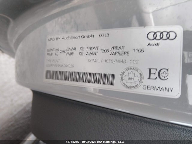 12718216 :رقم المزاد ، WUARWAF55JA904925 vin ، 2018 Audi Rs 5 2.9 مزاد بيع