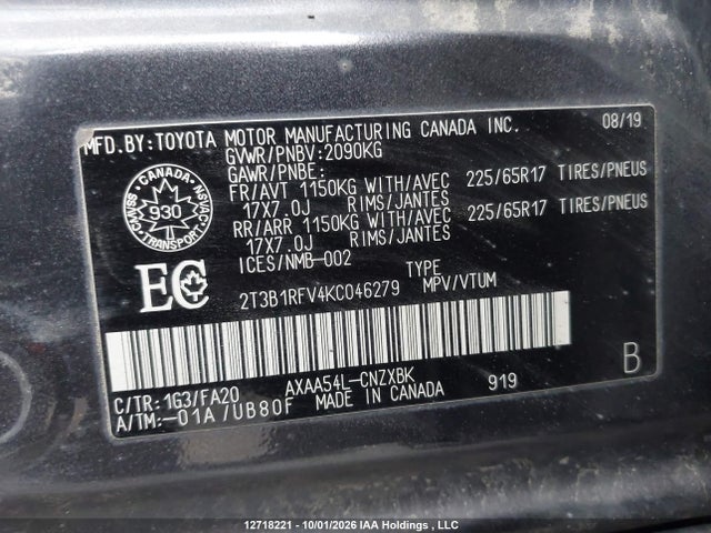 12718221 :رقم المزاد ، 2T3B1RFV4KC046279 vin ، 2019 Toyota Rav4 Le مزاد بيع