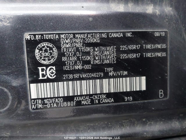 12718221 :رقم المزاد ، 2T3B1RFV4KC046279 vin ، 2019 Toyota Rav4 Le مزاد بيع