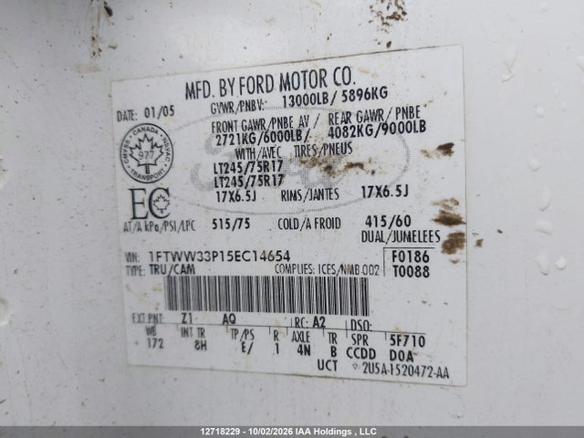 12718229 :رقم المزاد ، 1FTWW33P15EC14654 vin ، 2005 Ford F-350 Lariat/xl/xlt مزاد بيع