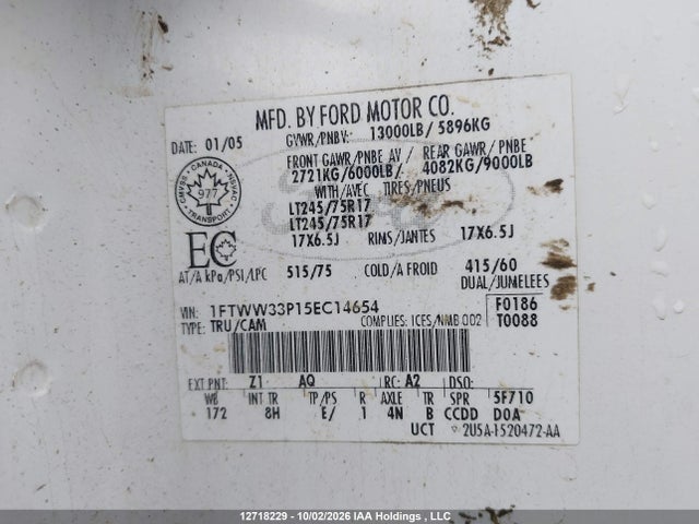 12718229 :رقم المزاد ، 1FTWW33P15EC14654 vin ، 2005 Ford F-350 Lariat/xl/xlt مزاد بيع