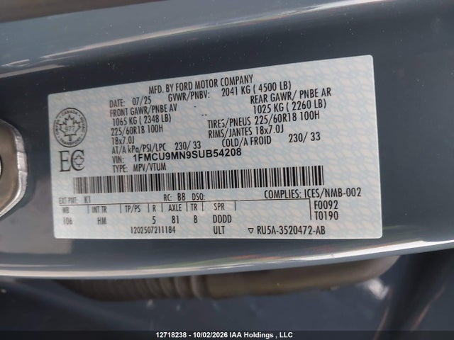 2025 Ford Escape St-line მანქანა იყიდება აუქციონზე, vin: 1FMCU9MN9SUB54208, აუქციონის ნომერი: 12718238