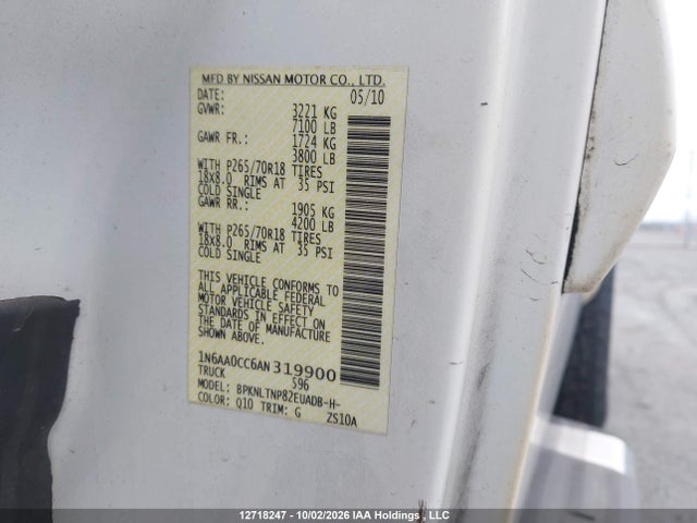 12718247 :رقم المزاد ، 1N6AA0CC6AN319900 vin ، 2010 Nissan Titan Xe/se/le/pro-4x مزاد بيع