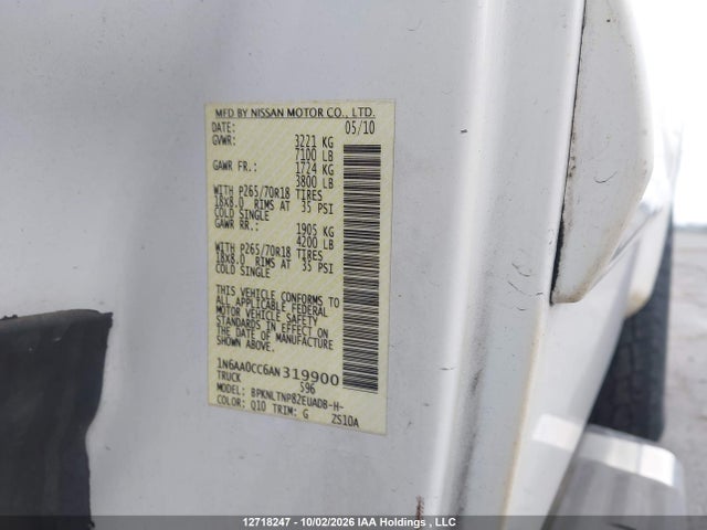 12718247 :رقم المزاد ، 1N6AA0CC6AN319900 vin ، 2010 Nissan Titan Xe/se/le/pro-4x مزاد بيع