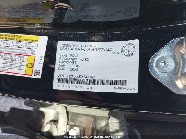 12718248 :رقم المزاد ، 19XFL4H8XSE400922 vin ، 2025 Honda Civic مزاد بيع