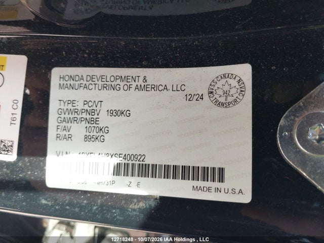 12718248 :رقم المزاد ، 19XFL4H8XSE400922 vin ، 2025 Honda Civic مزاد بيع