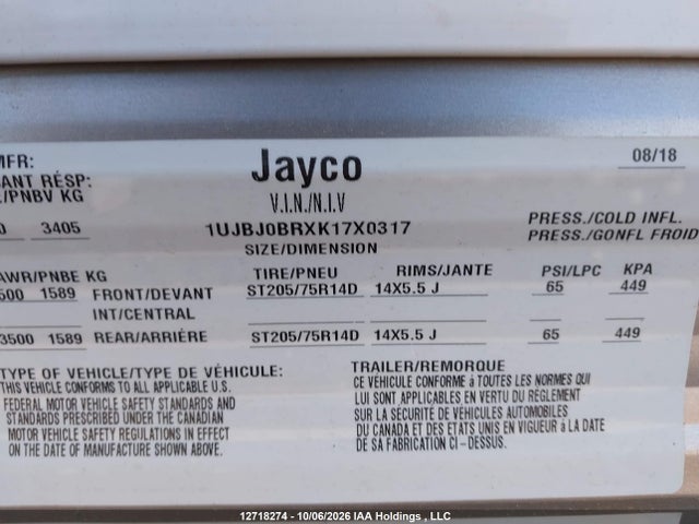 Продажа на аукционе авто 2019 Jayco Jay Flight, vin: 1UJBJ0BRXK17X0317, номер лота: 12718274