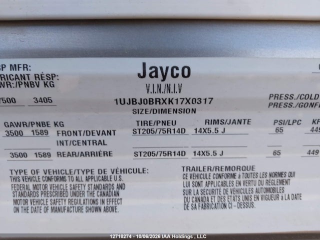 Продажа на аукционе авто 2019 Jayco Jay Flight, vin: 1UJBJ0BRXK17X0317, номер лота: 12718274