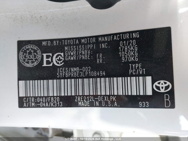 5YFBPRBE3LP108494 Toyota COROLLA LE