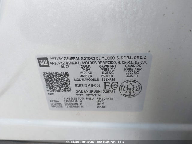 12718310 :رقم المزاد ، 3GNAXUEV8NL236781 vin ، 2022 Chevrolet Equinox Lt مزاد بيع