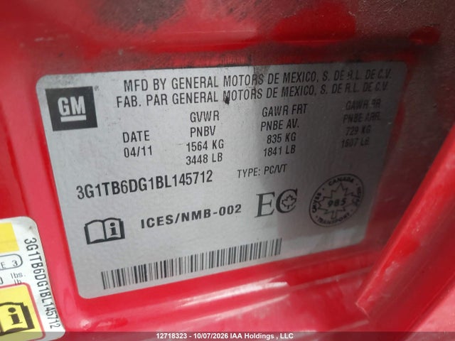 12718323 :رقم المزاد ، 3G1TB6DG1BL145712 vin ، 2011 Chevrolet Aveo مزاد بيع