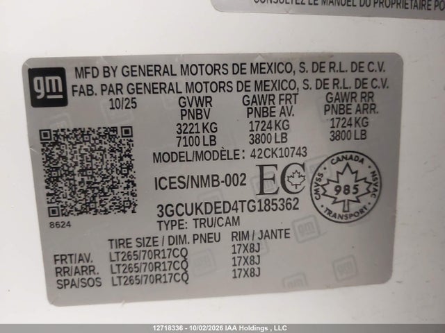 12718336 :رقم المزاد ، 3GCUKDED4TG185362 vin ، 2026 Chevrolet Silverado K1500 Lt مزاد بيع