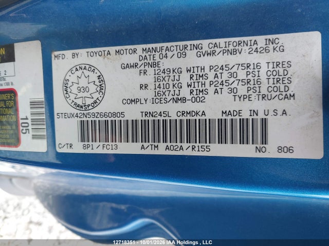 Aukcja sprzedaży 2009 Toyota Tacoma Access Cab, vin: 5TEUX42N59Z660805, numer aukcji: 12718351
