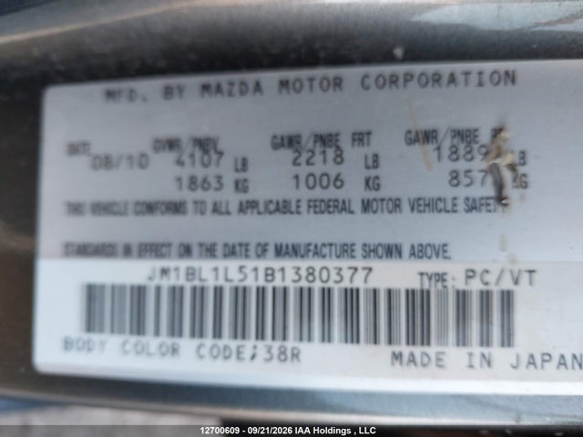 Aukcja sprzedaży 2011 Mazda Mazda3 Gs, vin: JM1BL1L51B1380377, numer aukcji: 12700609