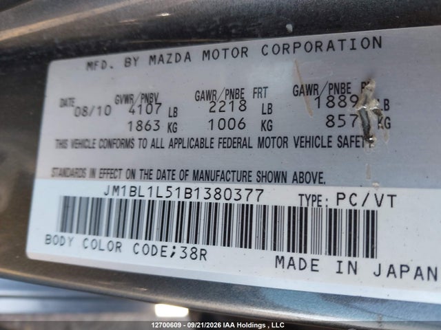 Aukcja sprzedaży 2011 Mazda Mazda3 Gs, vin: JM1BL1L51B1380377, numer aukcji: 12700609