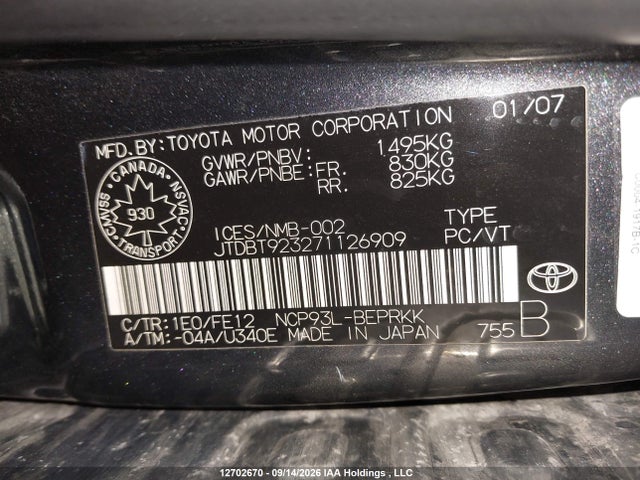12702670 :رقم المزاد ، JTDBT923271126909 vin ، 2007 Toyota Yaris مزاد بيع