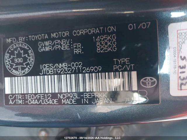 12702670 :رقم المزاد ، JTDBT923271126909 vin ، 2007 Toyota Yaris مزاد بيع
