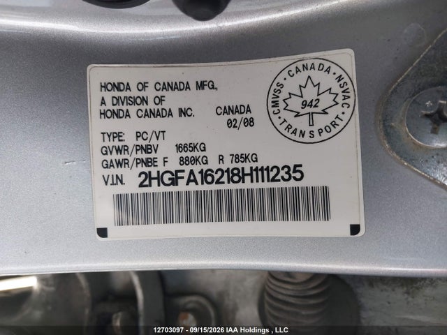 Auction sale of the 2008 Honda Civic Dx/dx-a, vin: 2HGFA16218H111235, lot number: 12703097