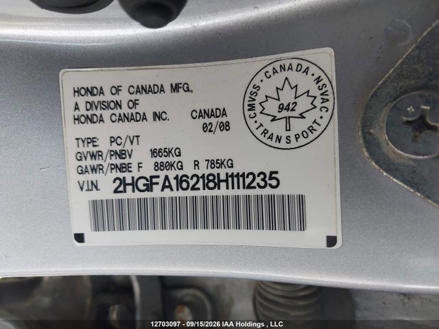 Auction sale of the 2008 Honda Civic Dx/dx-a, vin: 2HGFA16218H111235, lot number: 12703097