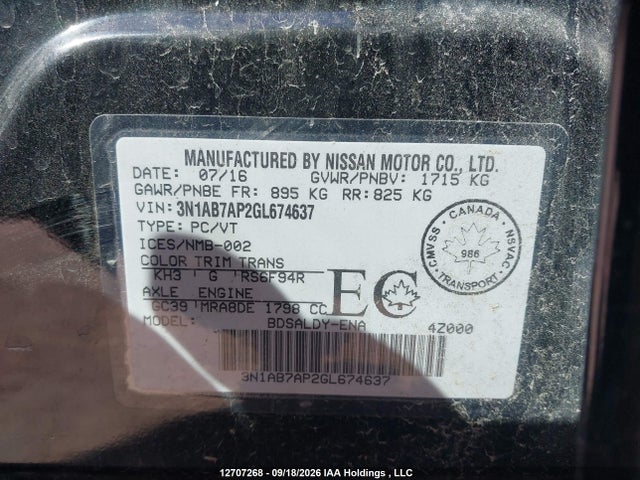 12707268 :رقم المزاد ، 3N1AB7AP2GL674637 vin ، 2016 Nissan Sentra 1.8 S/1.8 Sl/1.8 Sr/1.8 Sv مزاد بيع