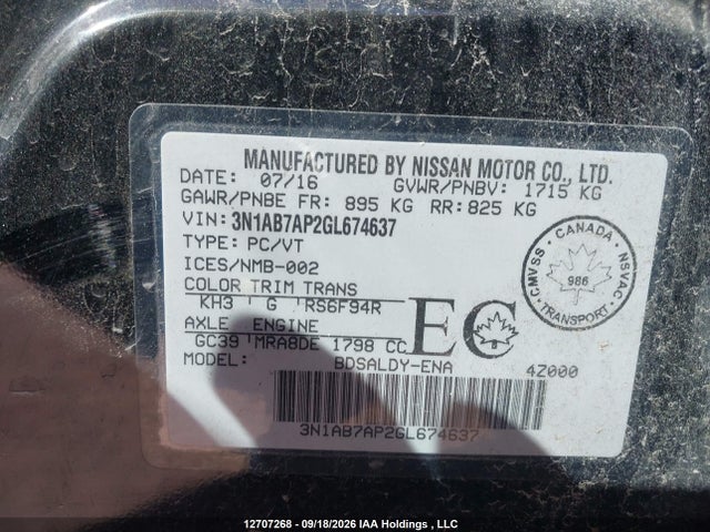 12707268 :رقم المزاد ، 3N1AB7AP2GL674637 vin ، 2016 Nissan Sentra 1.8 S/1.8 Sl/1.8 Sr/1.8 Sv مزاد بيع
