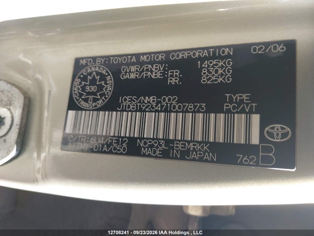 12708241 :رقم المزاد ، JTDBT923471007873 vin ، 2007 Toyota Yaris مزاد بيع