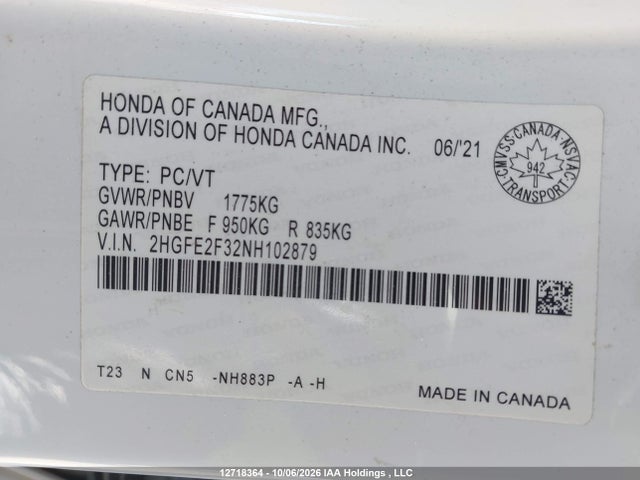 Продаж на аукціоні авто 2022 Honda Civic Ex 4dr, vin: 2HGFE2F32NH102879, номер лоту: 12718364