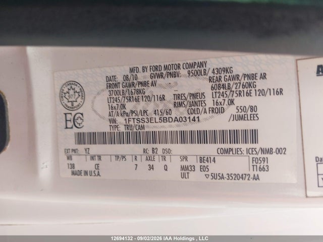 2011 Ford E-350 Super Duty Commercial მანქანა იყიდება აუქციონზე, vin: 1FTSS3EL5BDA03141, აუქციონის ნომერი: 12694132