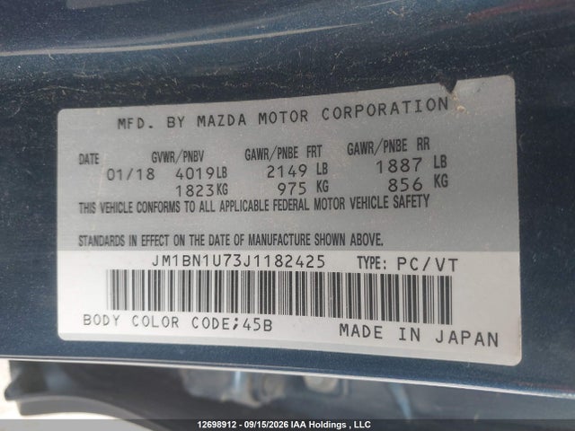 Продаж на аукціоні авто 2018 Mazda Mazda3 Gx, vin: JM1BN1U73J1182425, номер лоту: 12698912