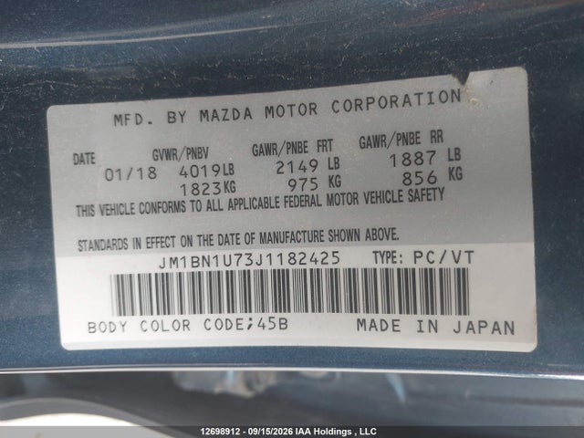 Продаж на аукціоні авто 2018 Mazda Mazda3 Gx, vin: JM1BN1U73J1182425, номер лоту: 12698912