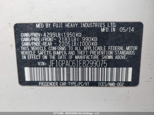 Aukcja sprzedaży 2014 Subaru Impreza 2.0i W/touring Pkg, vin: JF1GPAC61E8299075, numer aukcji: 12712398